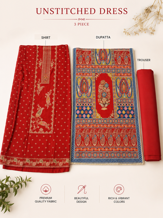 Crimson Red Traditional Unstitched 3-Piece Suit with Printed Dupatta
