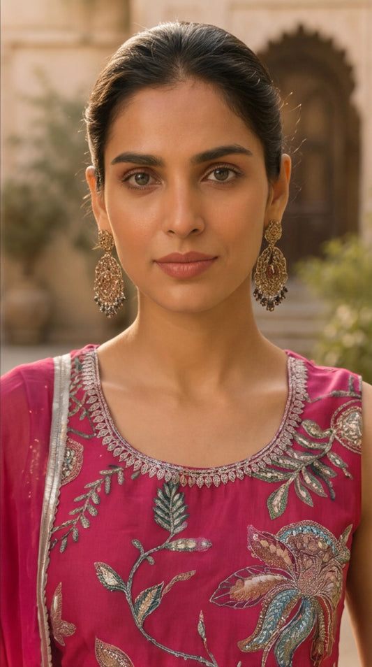 Fuchsia Floral Embroidered Kurta Palazzo Set with Dupatta