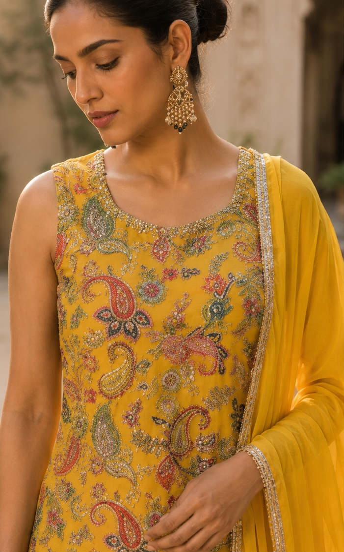 Sunshine Yellow Paisley Embroidered Kurta Palazzo Set with Dupatta