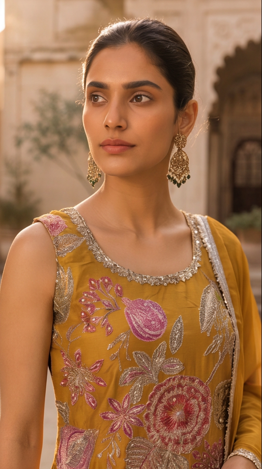 Mustard Bloom Floral Embroidered Kurta Palazzo Set with Dupatta