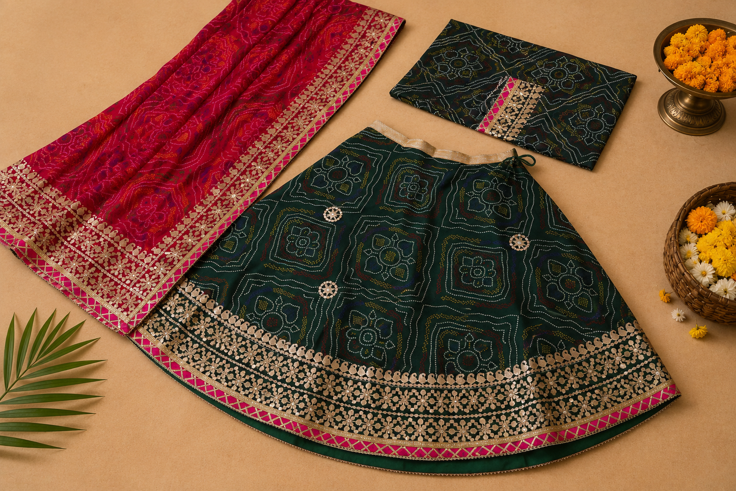Green Bandhani Print Lehenga with Red Dupatta & Unstitched Blouse Piece