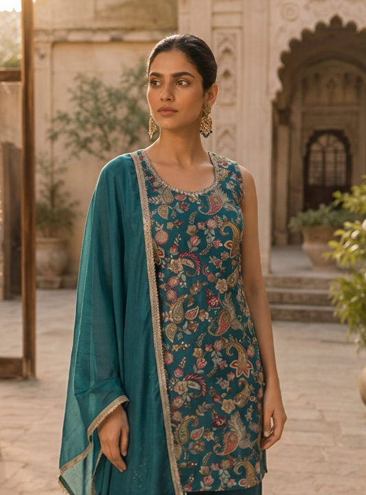 Teal Paisley Embroidered Kurta Palazzo Set with Dupatta