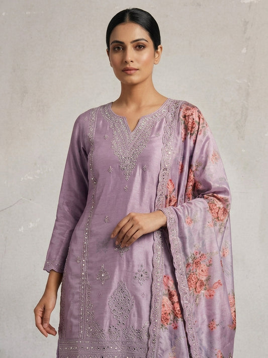 Pure Chinnon Silk Digital Print Palazzo Suit with Heavy Embroidery