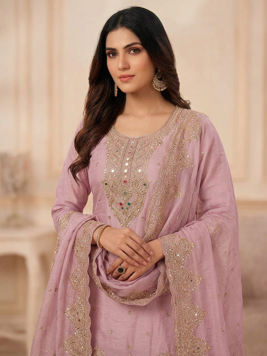 Pure Currency Silk Embroidered Palazzo Suit with Khatli Work