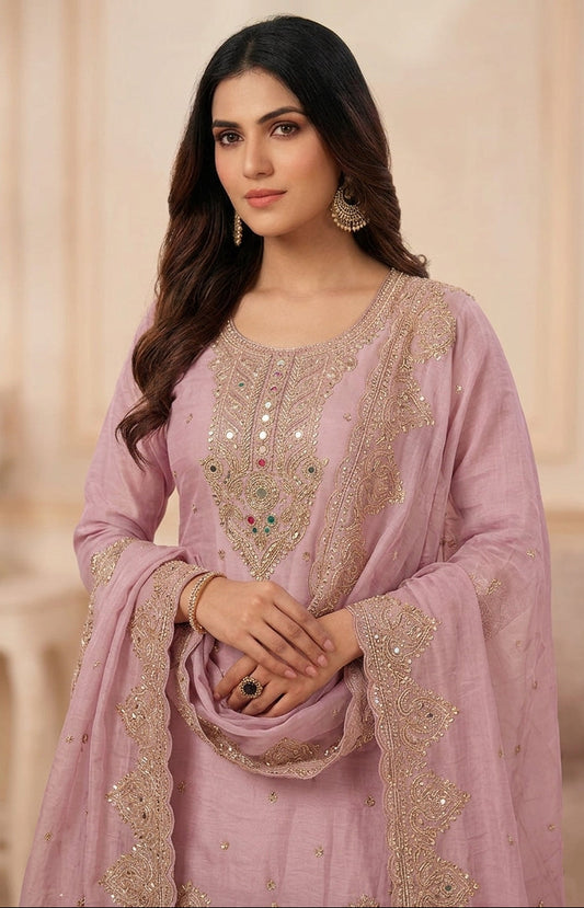 Pure Currency Silk Embroidered Palazzo Suit with Khatli Work