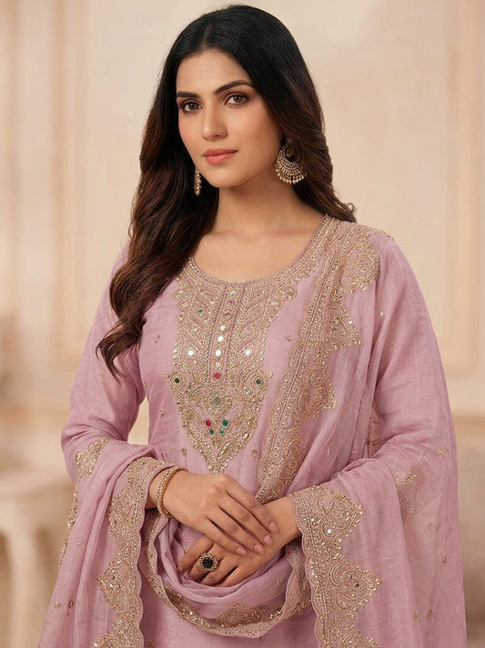 Pure Currency Silk Embroidered Palazzo Suit with Khatli Work