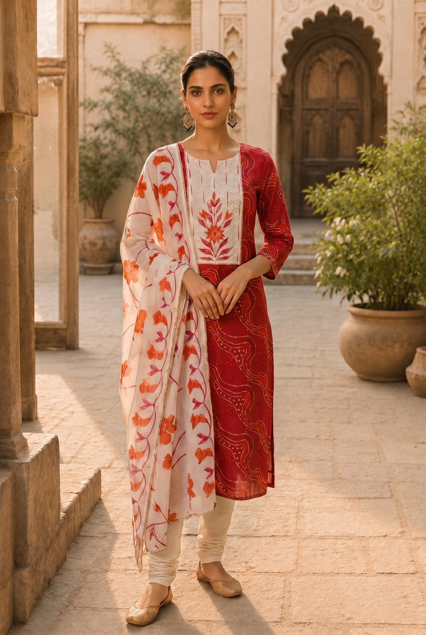 Ruby Red Unstitched Cotton Suit with Floral Printed Dupatta