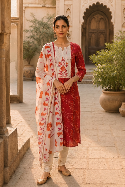 Ruby Red Unstitched Cotton Suit with Floral Printed Dupatta