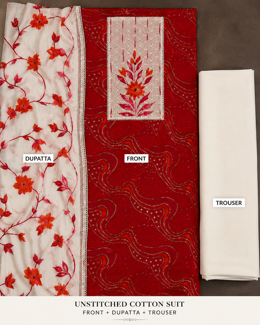 Ruby Red Unstitched Cotton Suit with Floral Printed Dupatta