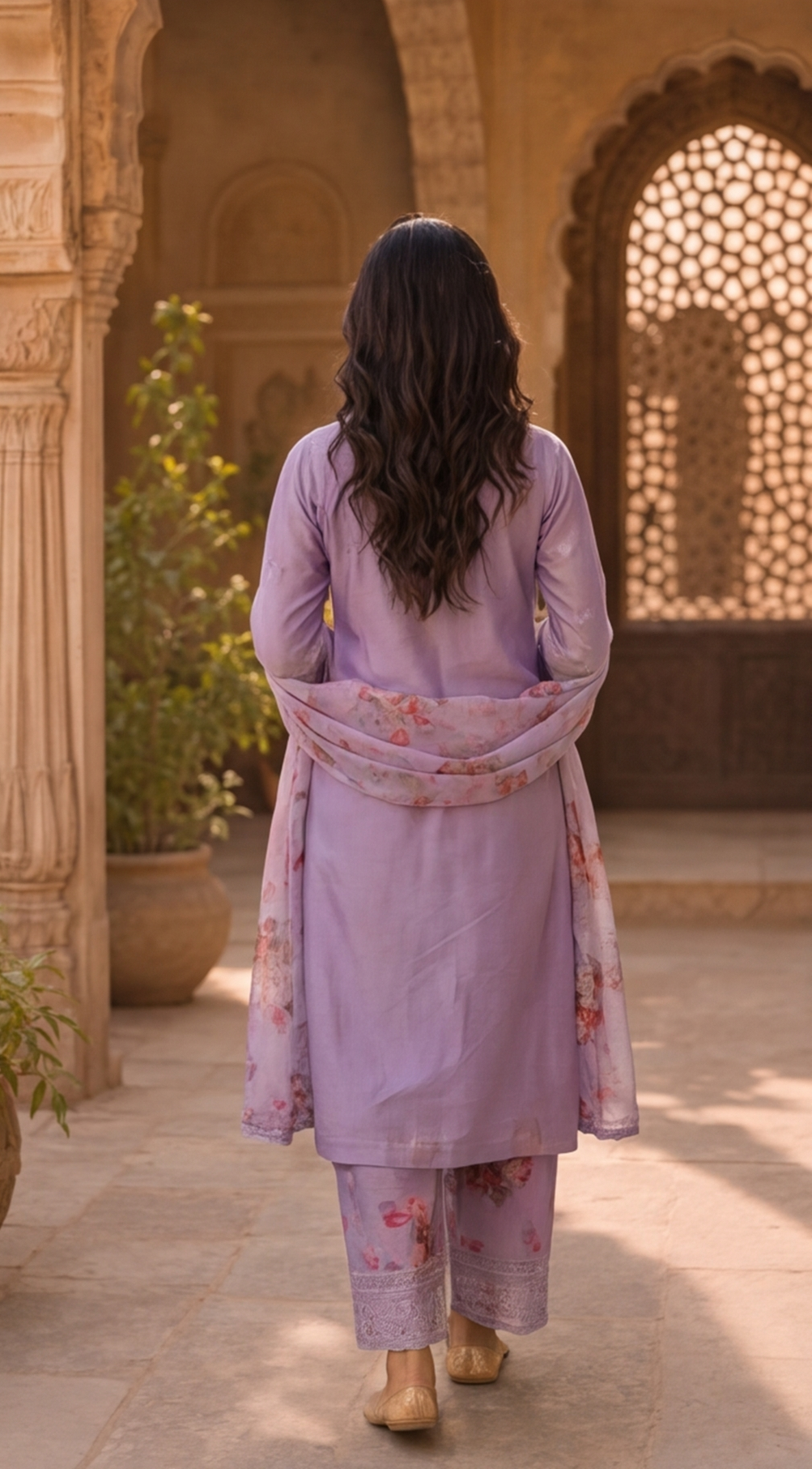 Pure Chinnon Silk Digital Print Palazzo Suit with Heavy Embroidery