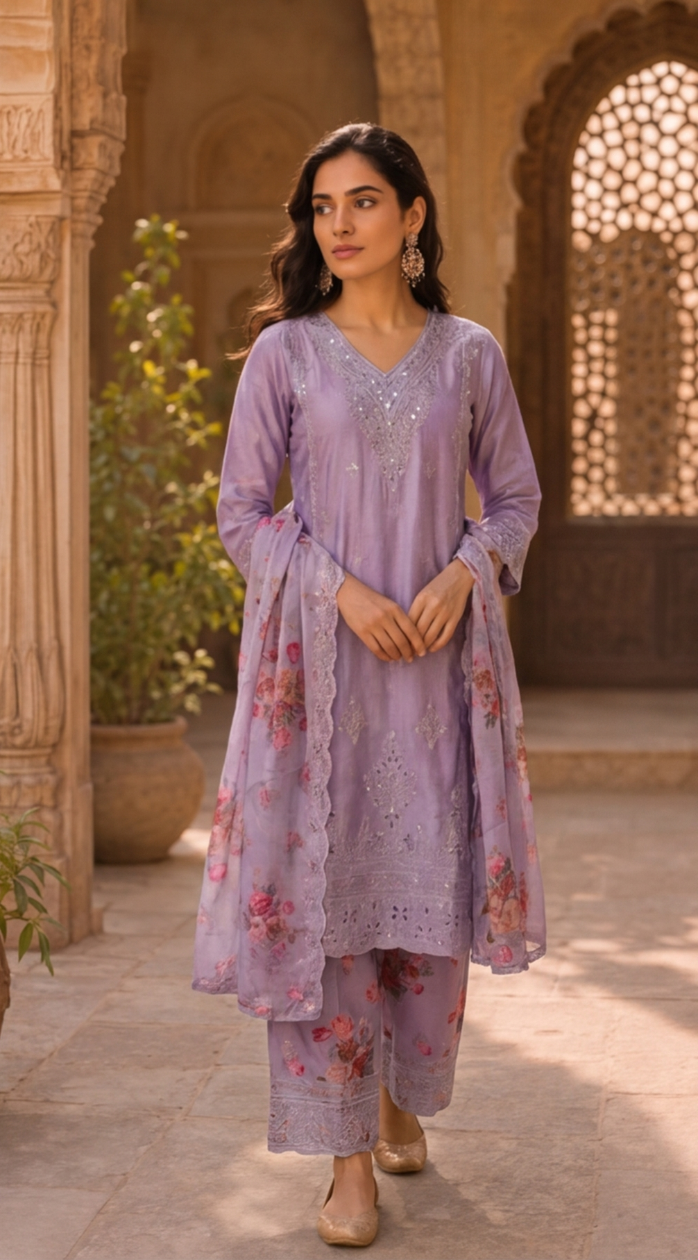 Pure Chinnon Silk Digital Print Palazzo Suit with Heavy Embroidery