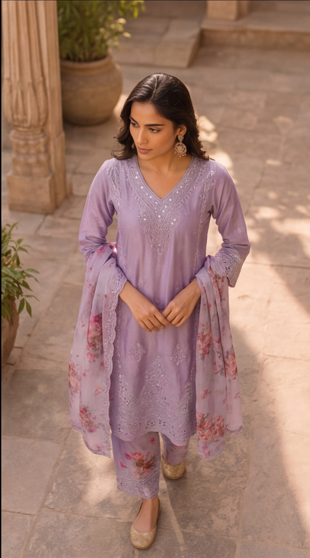 Pure Chinnon Silk Digital Print Palazzo Suit with Heavy Embroidery