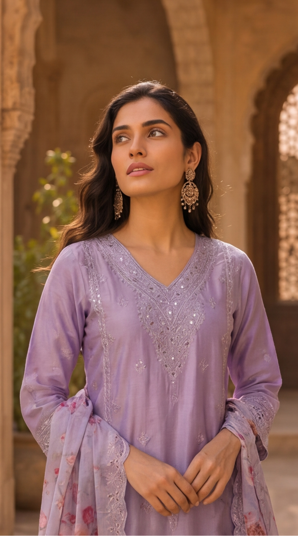 Pure Chinnon Silk Digital Print Palazzo Suit with Heavy Embroidery