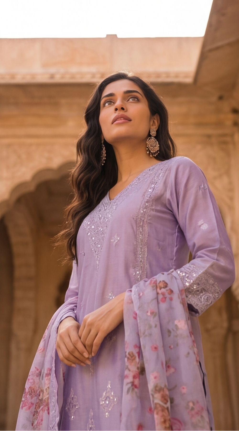 Pure Chinnon Silk Digital Print Palazzo Suit with Heavy Embroidery