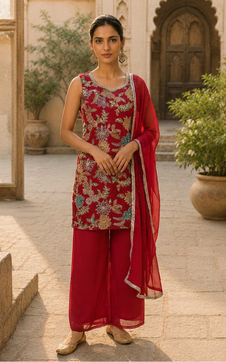 Woman wearing a ruby red floral embroidered kurta palazzo set with matching dupatta.