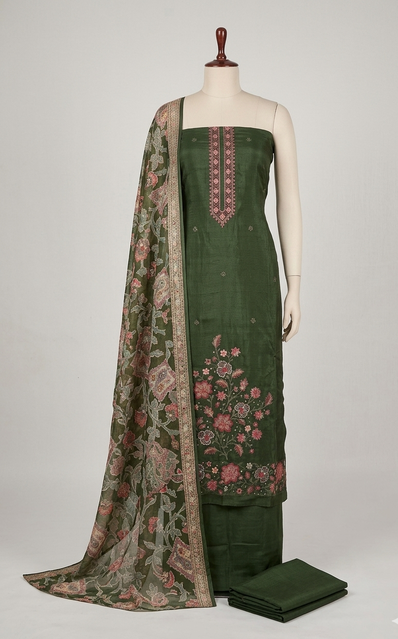 Emerald green unstitched 3-piece suit featuring floral embroidery, printed dupatta, and matching trouser fabric displayed on a mannequin.