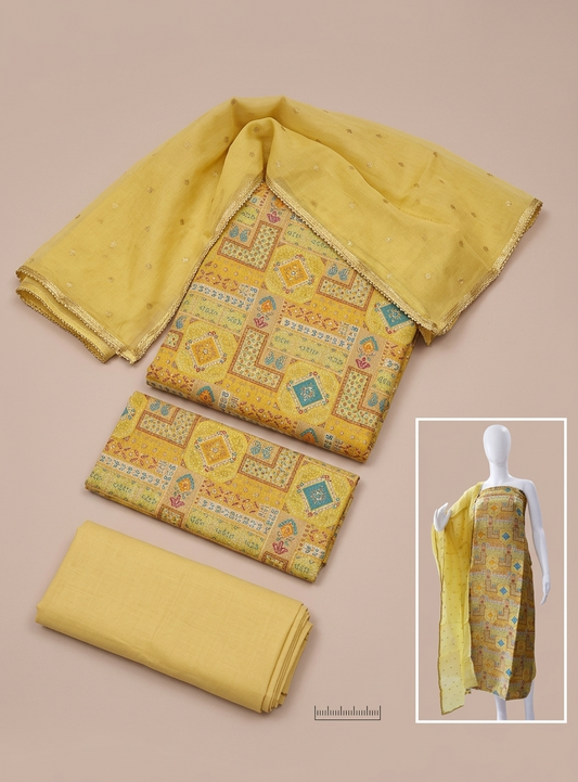 Mustard Gold Printed Unstitched Suit Set with Embellished Dupatta
