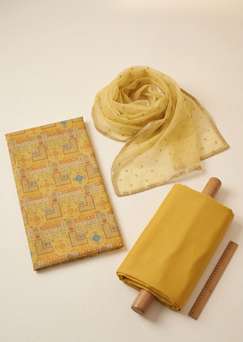 Mustard Gold Printed Unstitched Suit Set with Embellished Dupatta