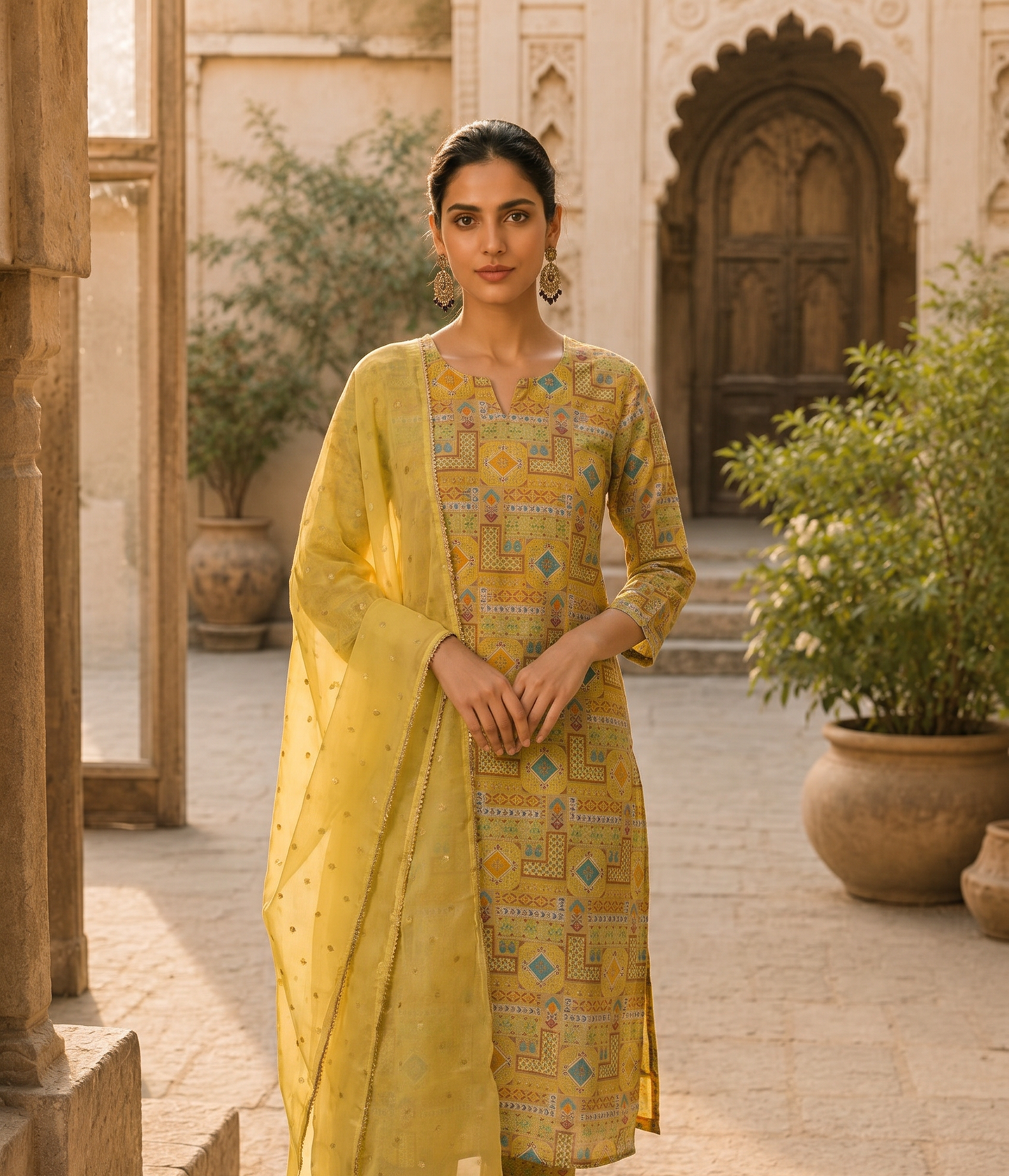 Mustard Gold Printed Unstitched Suit Set with Embellished Dupatta