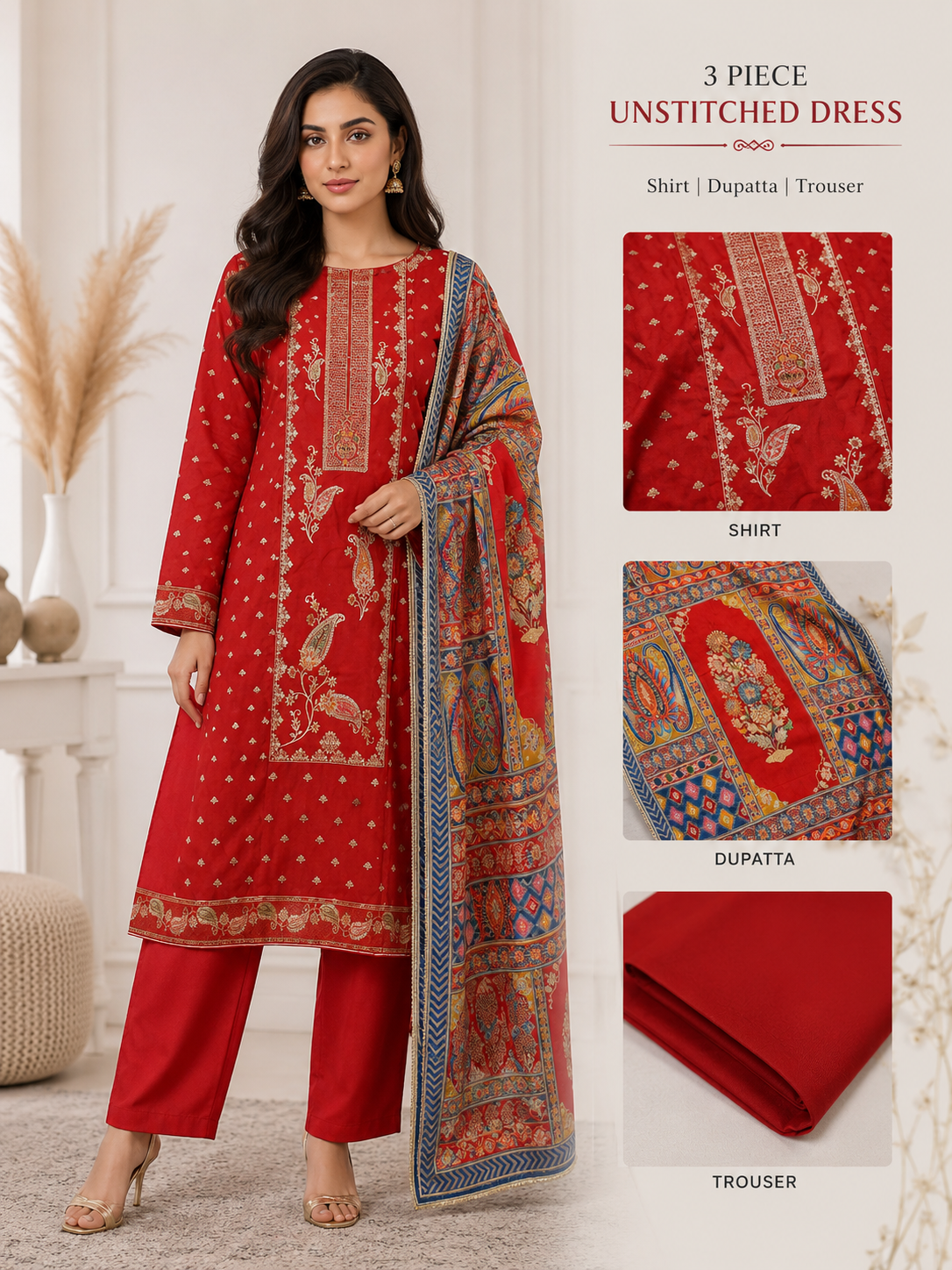 Crimson Red Traditional Unstitched 3-Piece Suit with Printed Dupatta