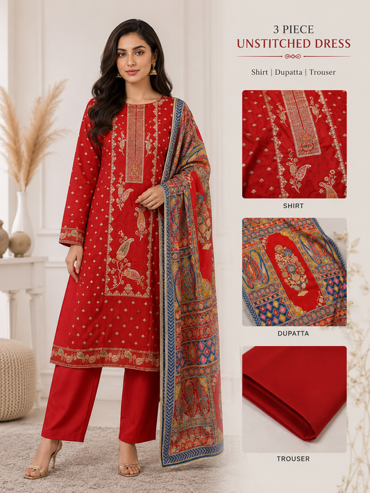 Crimson Red Traditional Unstitched 3-Piece Suit with Printed Dupatta