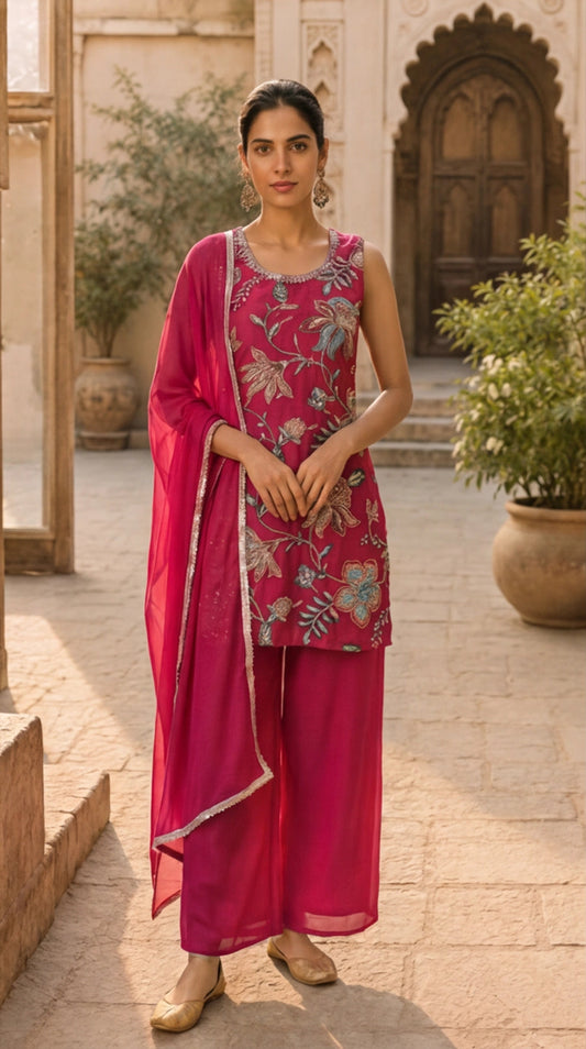 Fuchsia Floral Embroidered Kurta Palazzo Set with Dupatta