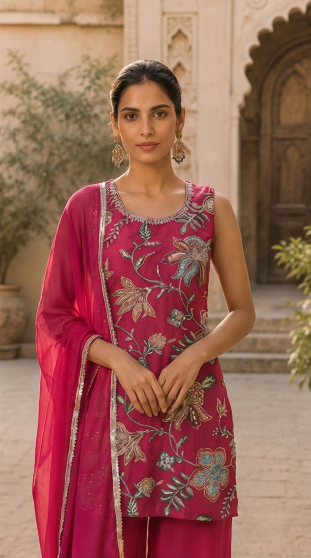 Fuchsia Floral Embroidered Kurta Palazzo Set with Dupatta