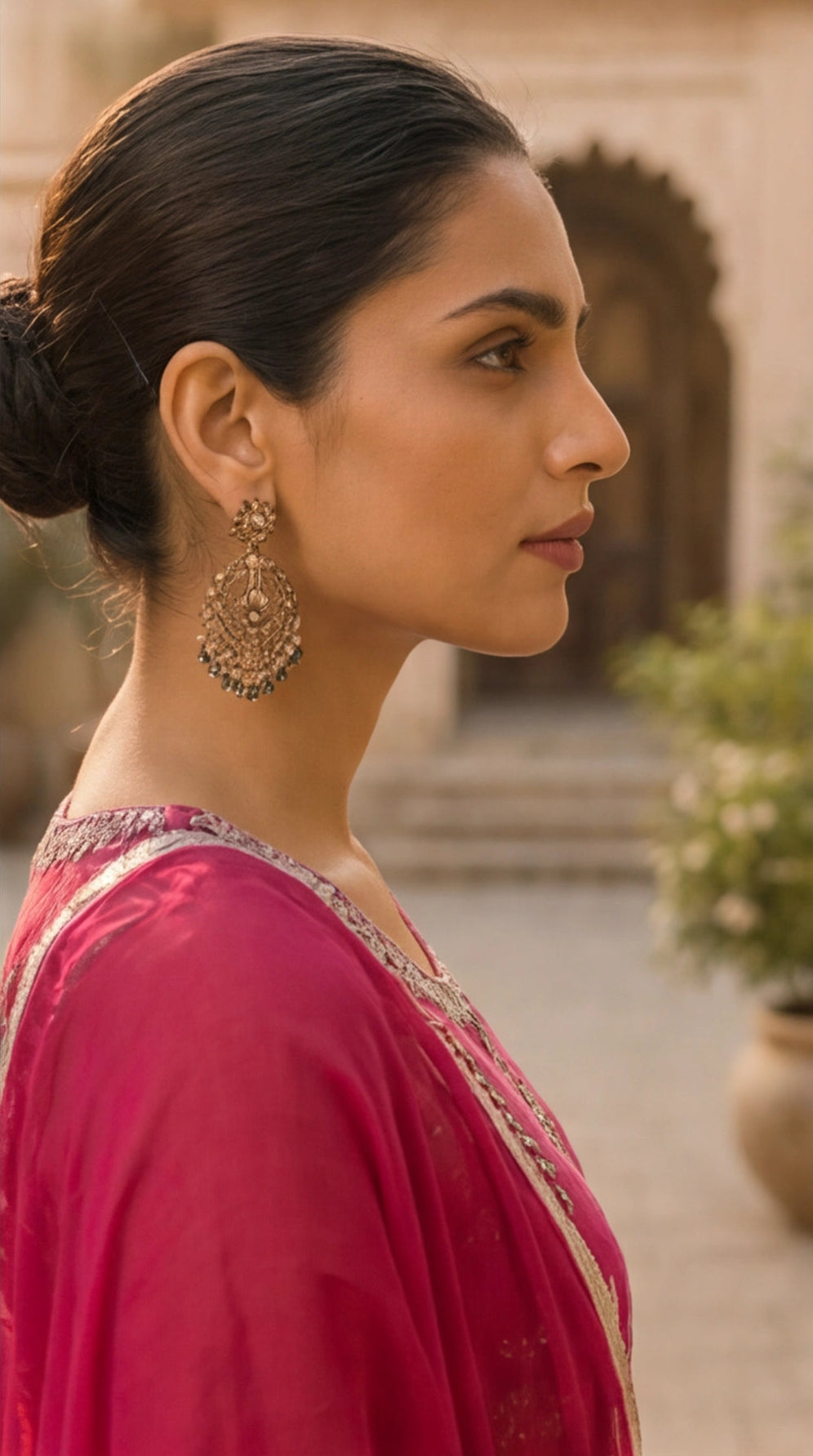 Fuchsia Floral Embroidered Kurta Palazzo Set with Dupatta