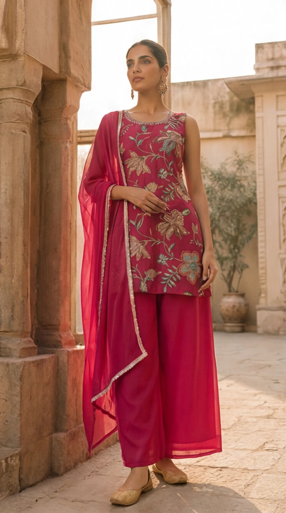 Fuchsia Floral Embroidered Kurta Palazzo Set with Dupatta