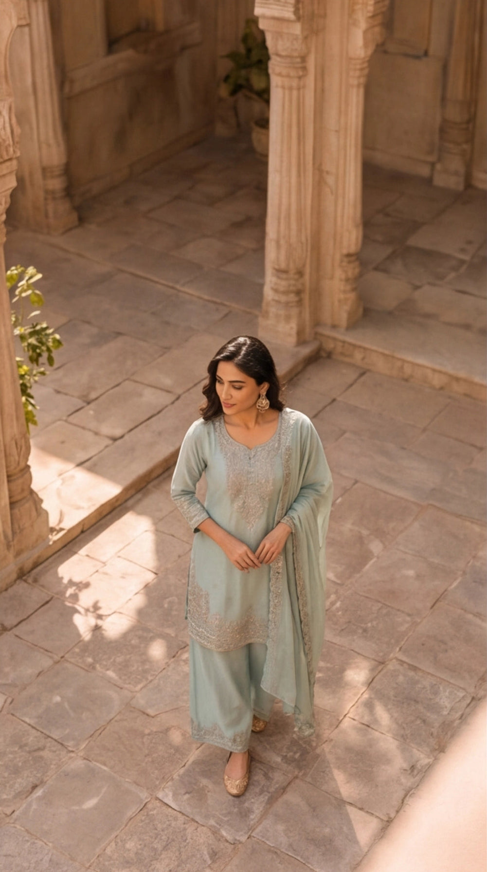 Pure Currency Silk Embroidered Palazzo Suit with Khatli Work