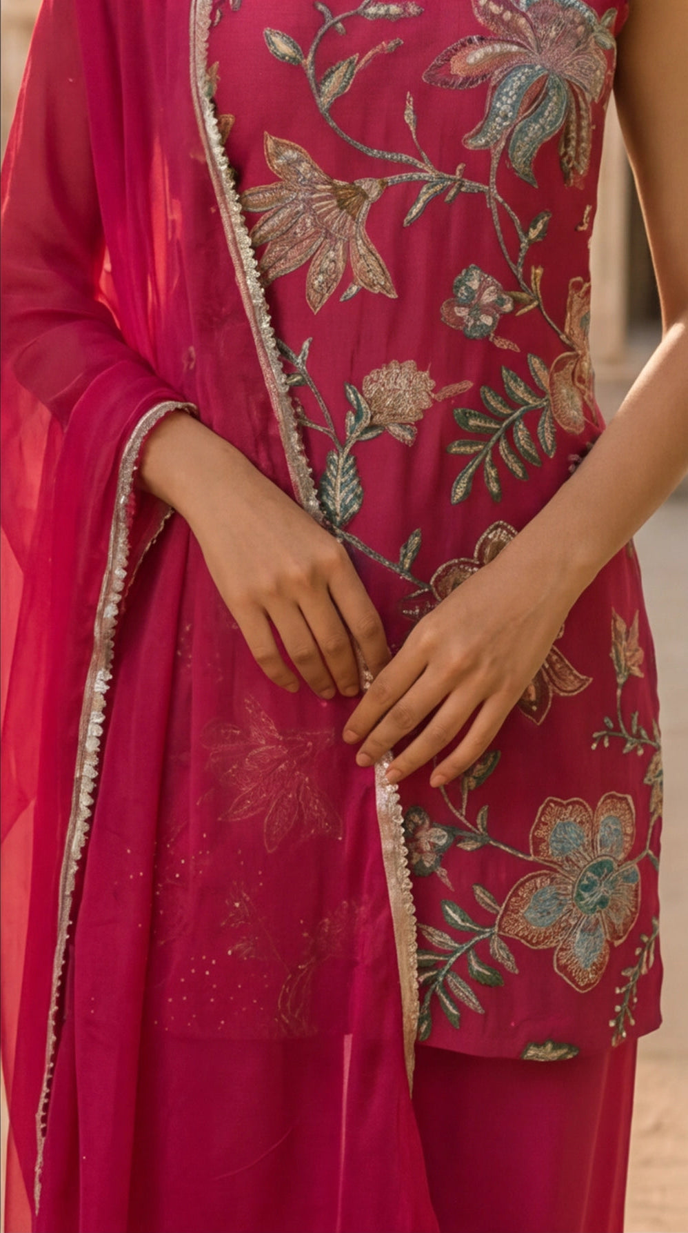 Fuchsia Floral Embroidered Kurta Palazzo Set with Dupatta