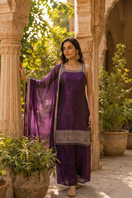 Royal Amethyst Embellished Kurta Palazzo Set with Dupatta