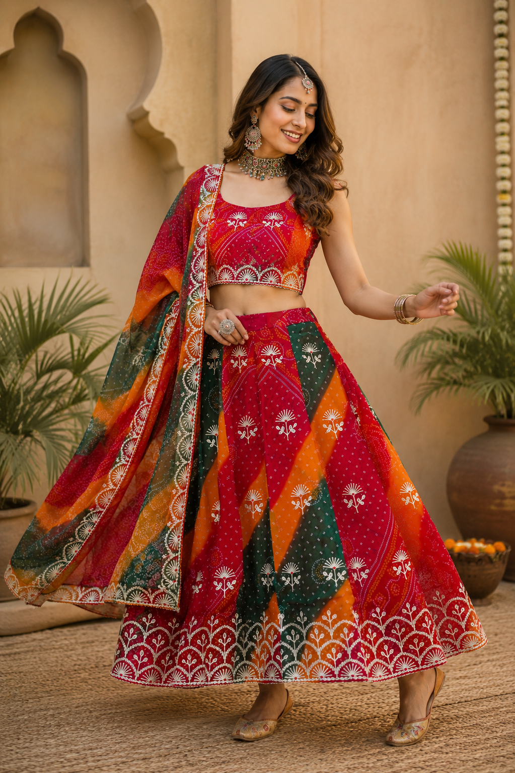 Bandhani Print Embroidered Lehenga Choli with Dupatta & Unstitched Blouse Piece