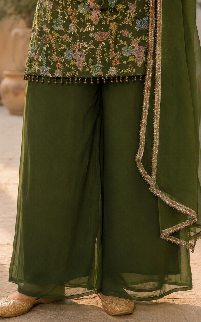 Emerald Bloom Embroidered Kurta Palazzo Set with Dupatta