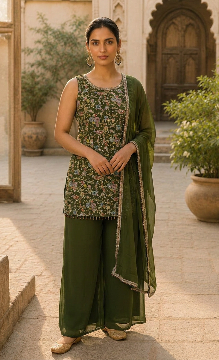 Woman wearing an emerald green floral embroidered kurta palazzo set with matching dupatta and wide-leg palazzos.
