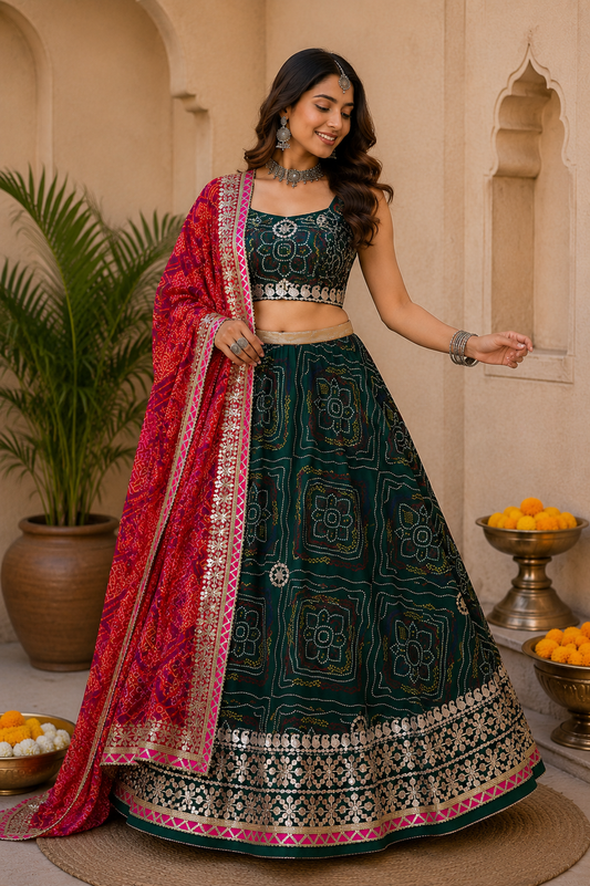 Green Bandhani Print Lehenga with Red Dupatta & Unstitched Blouse Piece