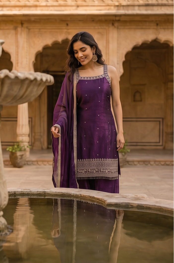Royal Amethyst Embellished Kurta Palazzo Set with Dupatta