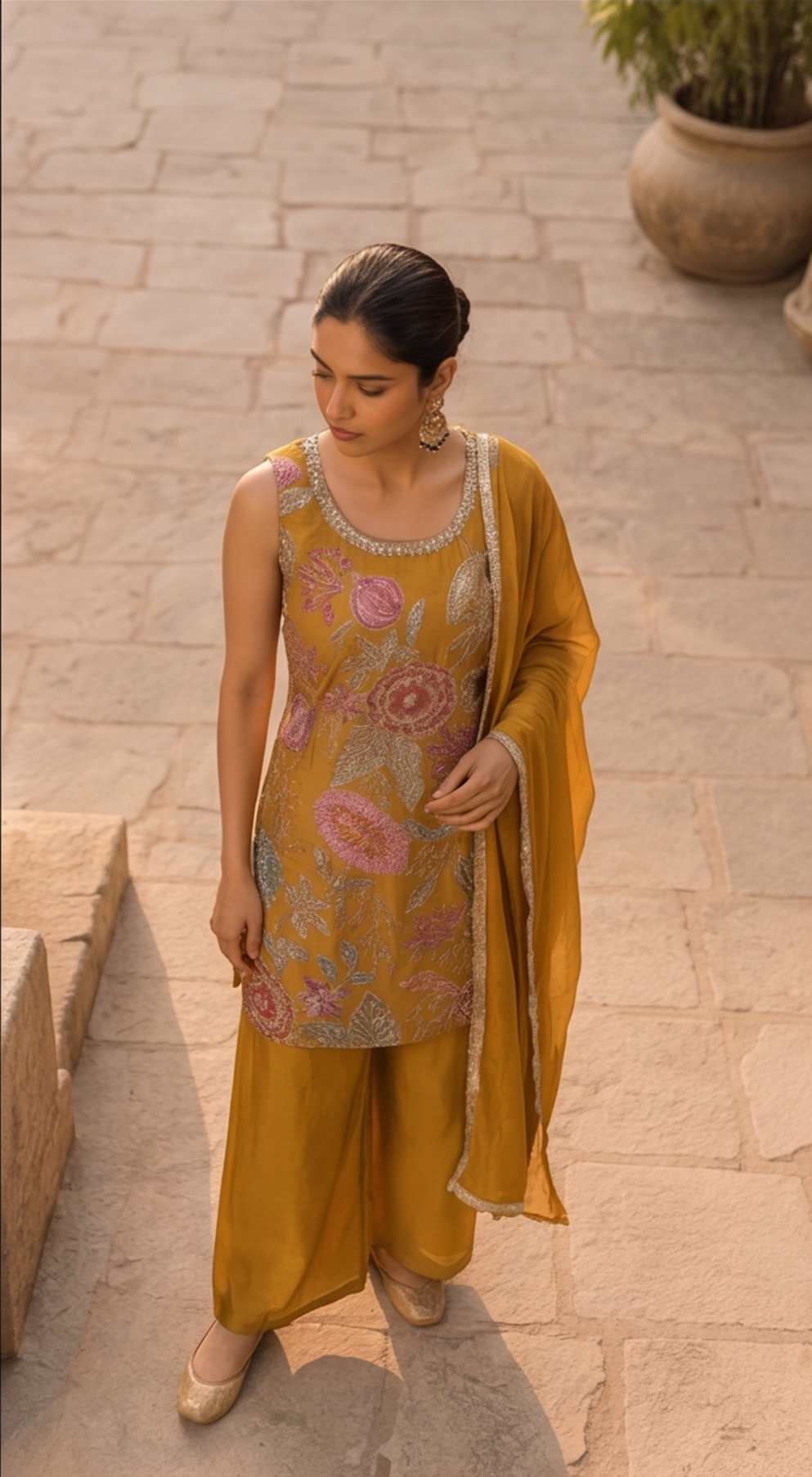 Mustard Bloom Floral Embroidered Kurta Palazzo Set with Dupatta