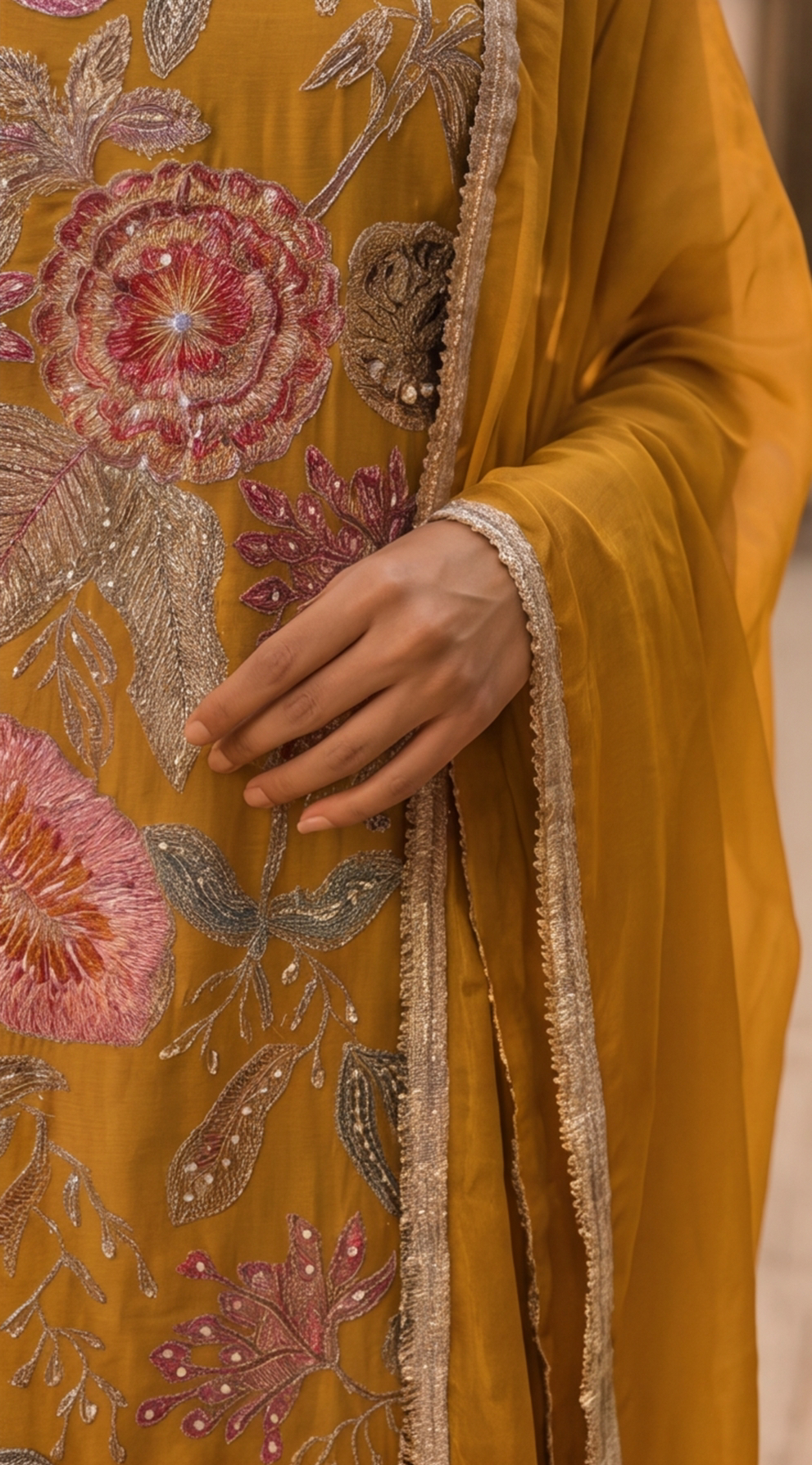 Mustard Bloom Floral Embroidered Kurta Palazzo Set with Dupatta