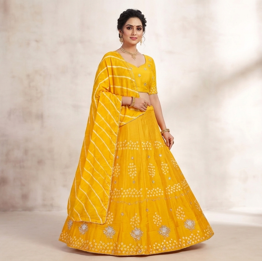 Mustard Yellow Bandhani Print Lehenga Set with Silver Embellishments & Striped Dupatta