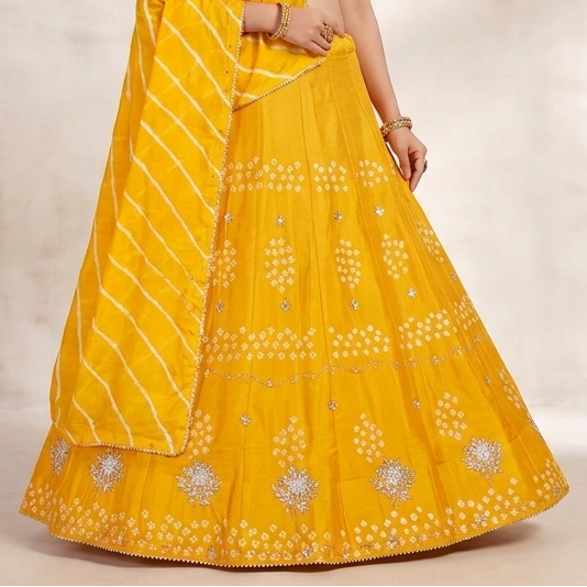 Mustard Yellow Bandhani Print Lehenga Set with Silver Embellishments & Striped Dupatta