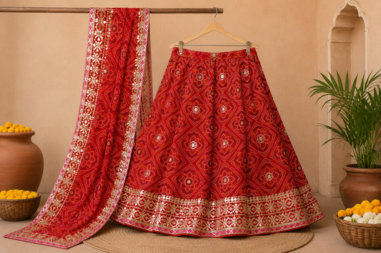 Red Bandhani Print Lehenga with Embroidered Dupatta