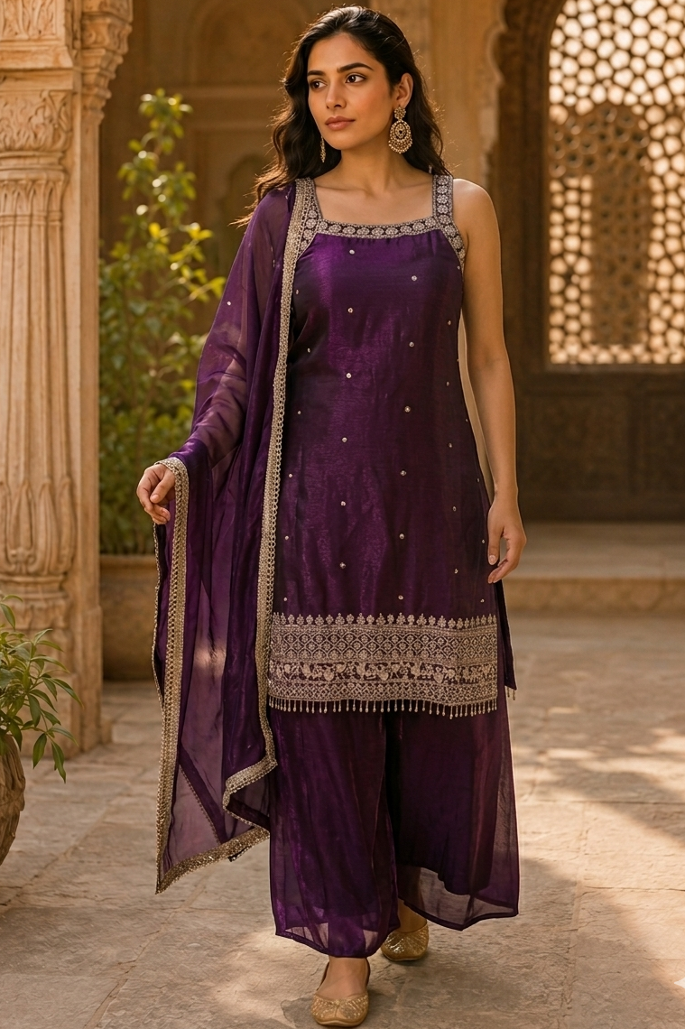 Woman wearing a royal amethyst purple embellished kurta palazzo set with matching dupatta and embroidered border detailing.