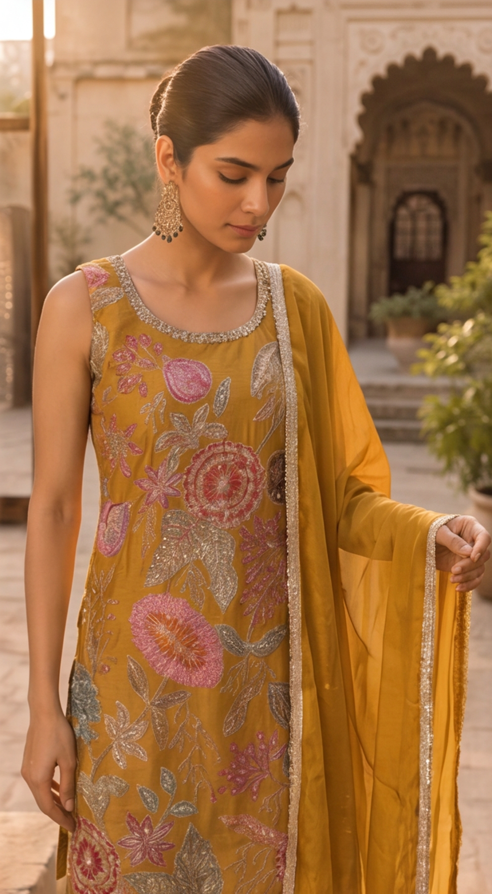 Mustard Bloom Floral Embroidered Kurta Palazzo Set with Dupatta