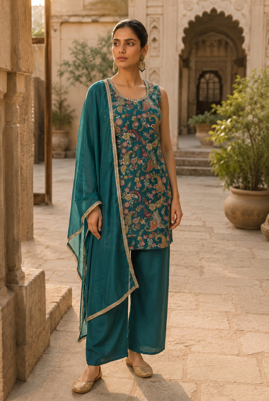 Teal Paisley Embroidered Kurta Palazzo Set with Dupatta
