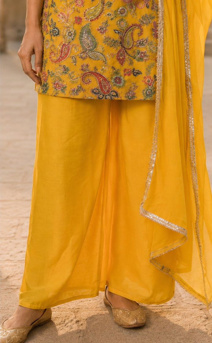 Sunshine Yellow Paisley Embroidered Kurta Palazzo Set with Dupatta