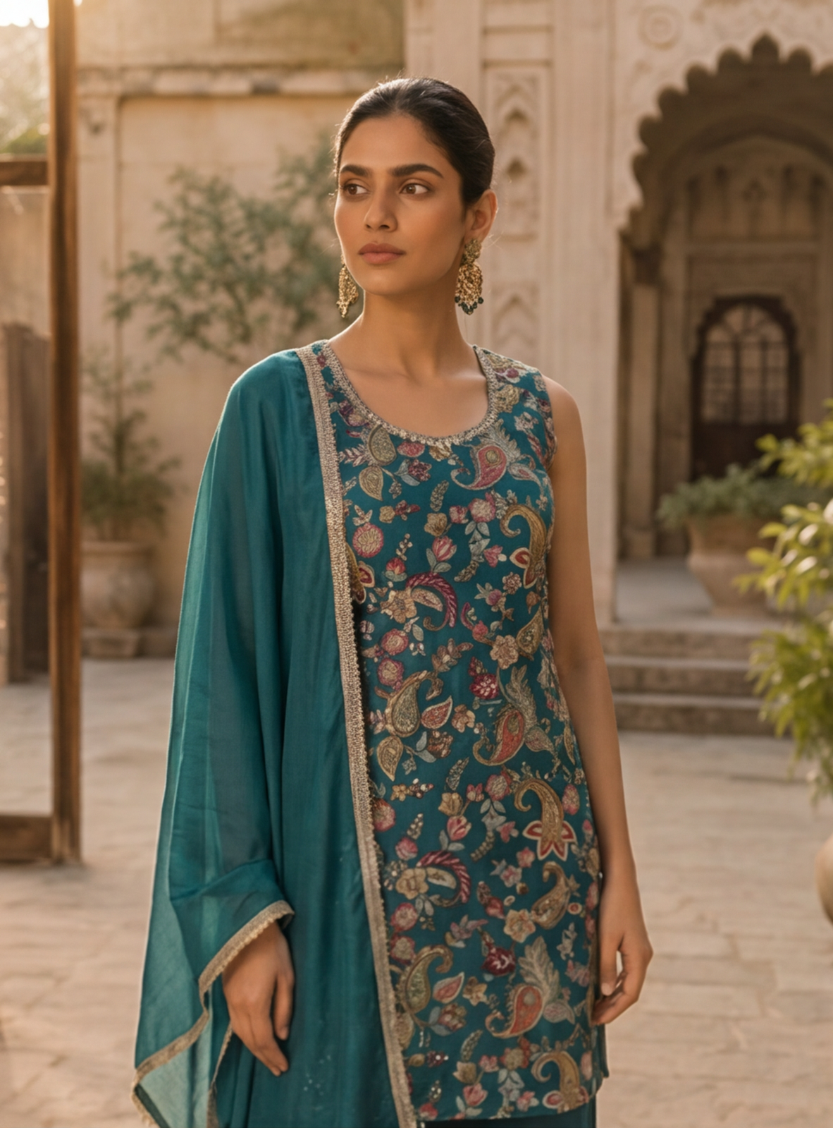 Teal Paisley Embroidered Kurta Palazzo Set with Dupatta