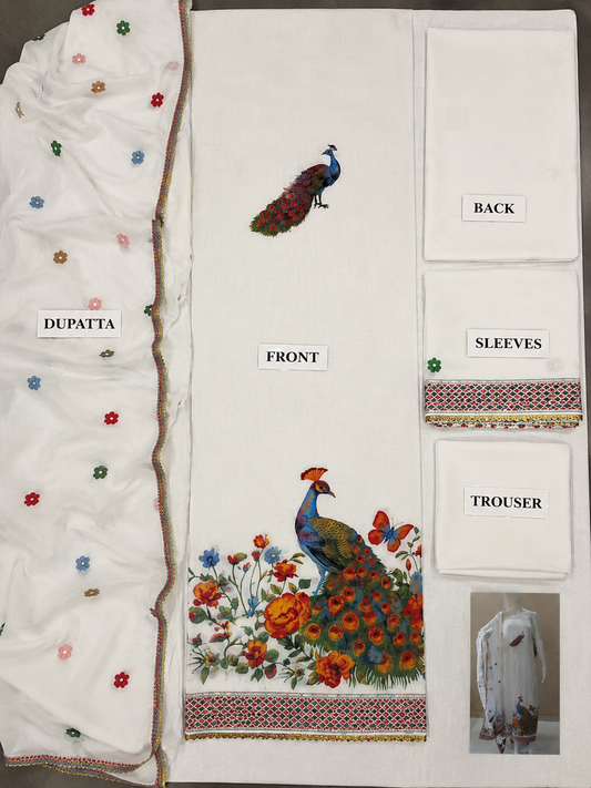 Ivory Peacock Garden Premium Unstitched Suit Set with Embroidered Dupatta
