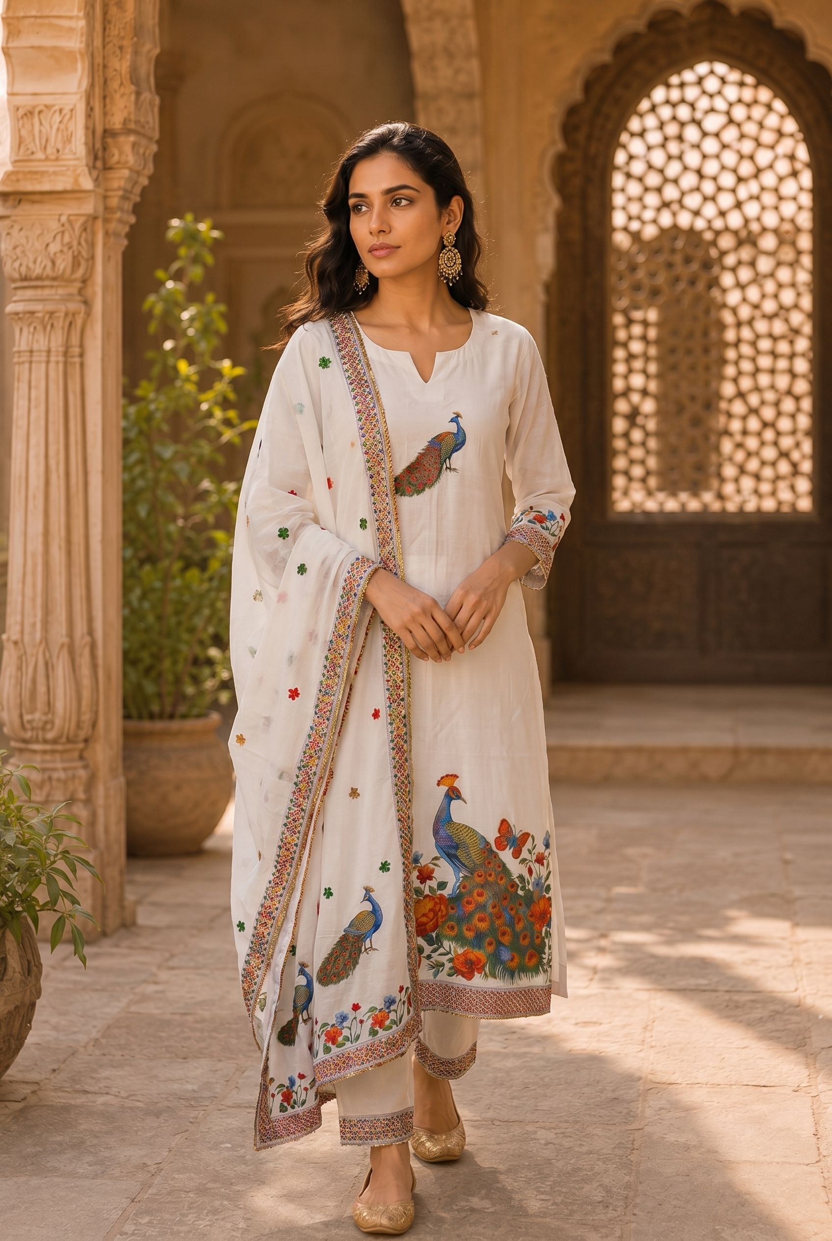 Elegant ivory unstitched suit set featuring colorful peacock and floral motifs with matching embroidered dupatta, ideal for festive and ethnic wear.