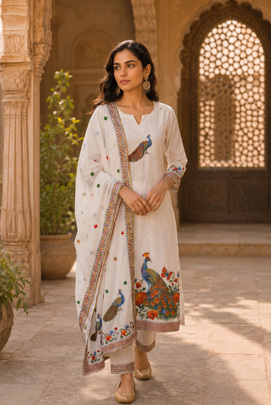 Elegant ivory unstitched suit set featuring colorful peacock and floral motifs with matching embroidered dupatta, ideal for festive and ethnic wear.